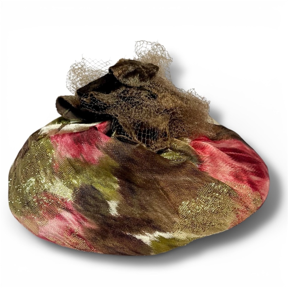 Vintage Pillbox Hat Mr. John Demi-Chapeau Woven Metallic Gold Fabric Velvet Net
